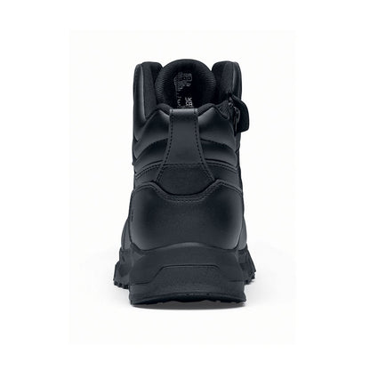 The Guard Mid from Shoes For Crews are waterproof slip-resistant safety boots with a safety toe cap, seen from the back.