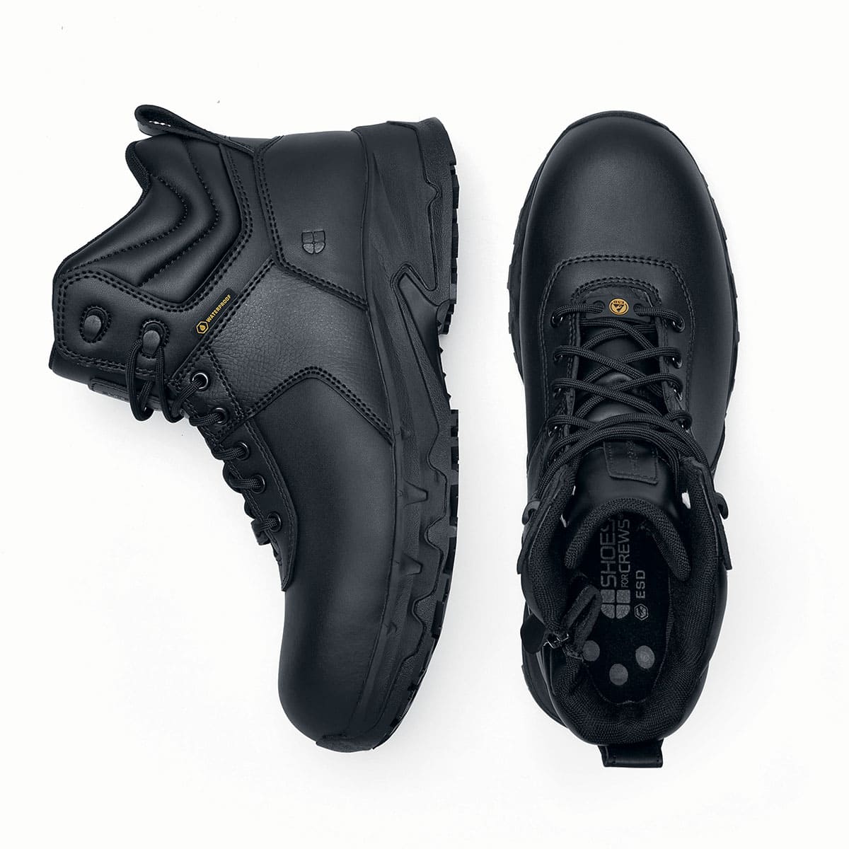 The Guard Mid from Shoes For Crews are waterproof slip-resistant safety boots with a safety toe cap, seen vertically from the side and from above.