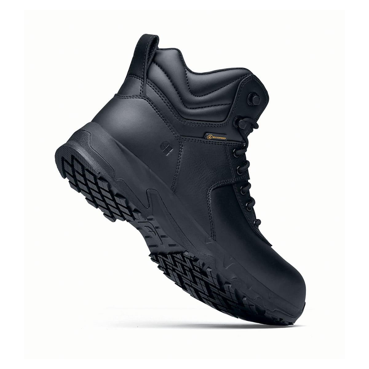 The Guard Mid from Shoes For Crews are waterproof slip-resistant safety boots with a safety toe cap, seen from the perpendicular.