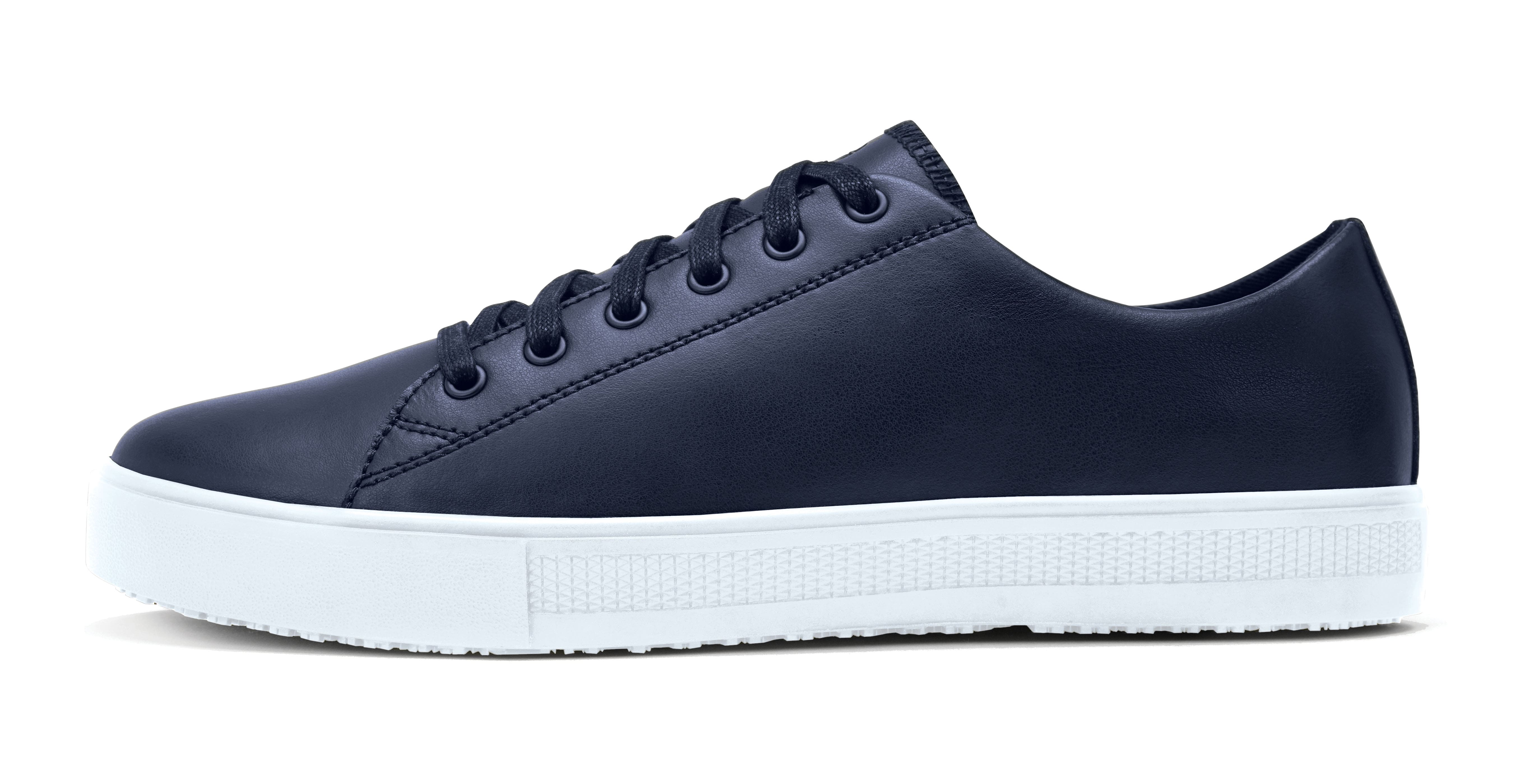 The Old School Low-Rider Insignia Blue from Shoes For Crews is an slip resistant lace-up shoe designed to provide comfort throughout the day, seen from the left.