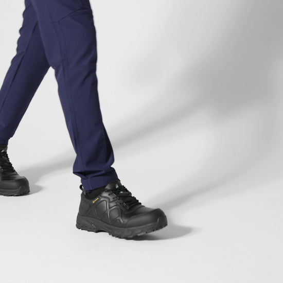 The Callan low-cut shoe is slip-resistant and has a breathable, waterproof upper as well as insulation for cold and heat, product video.